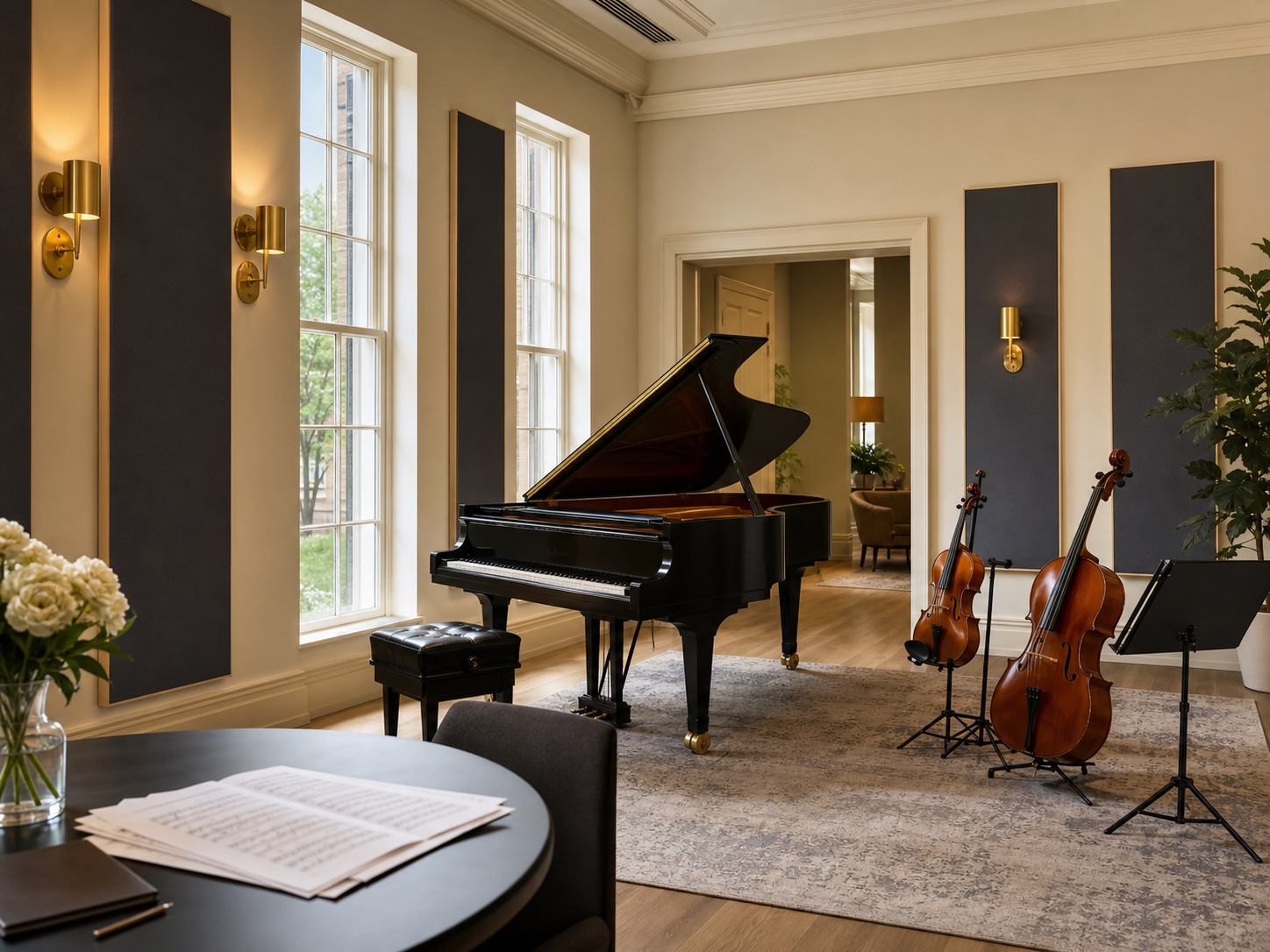 Teacher reviewing lesson notes in a warm music studio