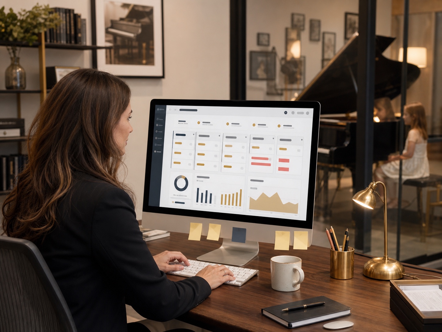 Music school administrator reviewing enrollment and CRM dashboard