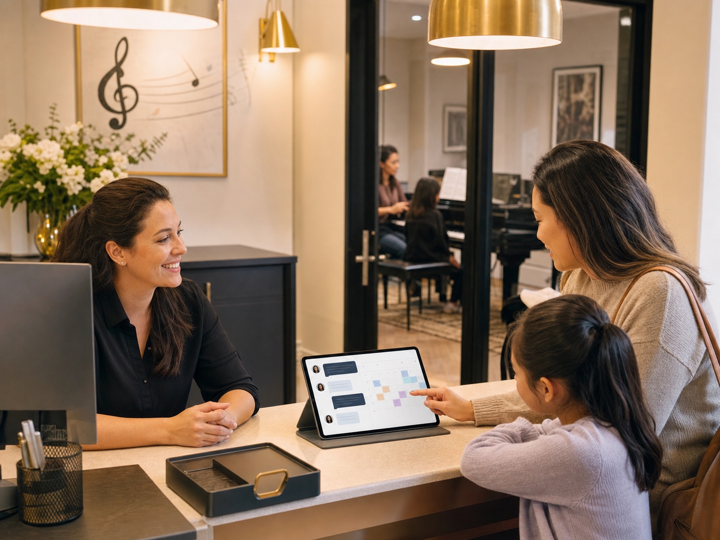 Music school front desk reviewing a trial lesson calendar with a parent