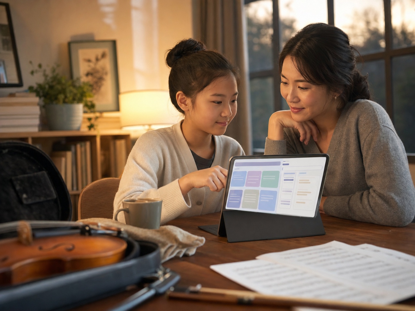 Parent and student reviewing lesson notes and schedule on a tablet