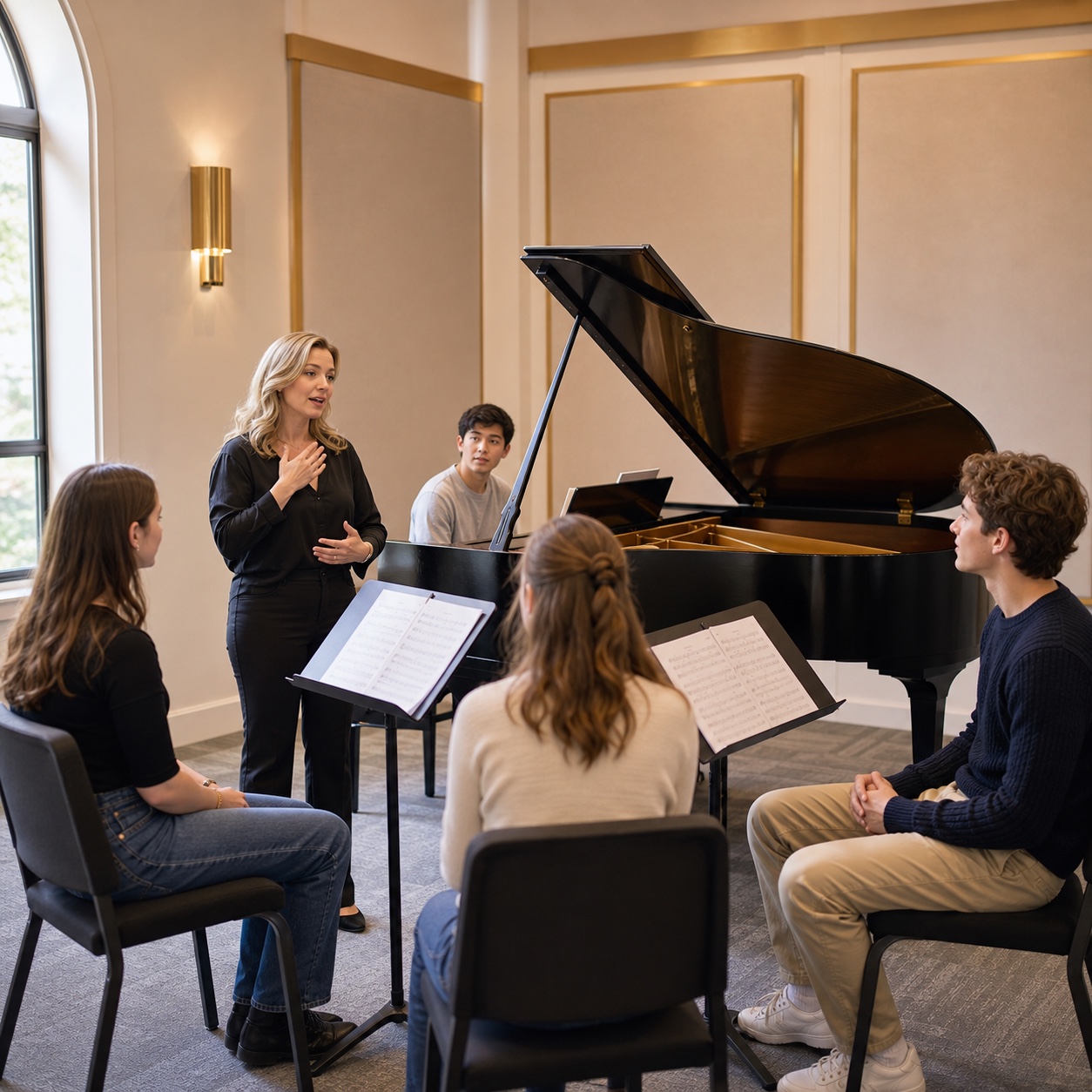 Students learning music together in a studio setting